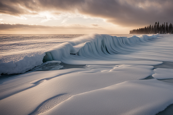 Imagen de olas congeladas en un paisaje invernal, mostrando la belleza y rareza de este fenómeno natural impresionante
