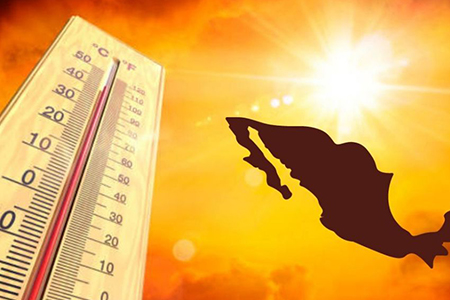 Foto de un termómetro marcando altas temperaturas, acompañada de las recomendaciones de Protección Civil para enfrentar la tercera onda de calor de manera segura.