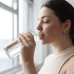 Mujer activa con botella de agua, priorizando la hidratación durante los días calurosos