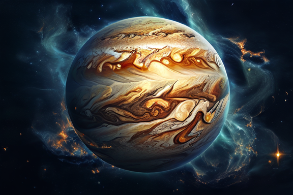 Una representación artística de Júpiter y el Sol mostrando su peculiar relación orbital en el sistema solar