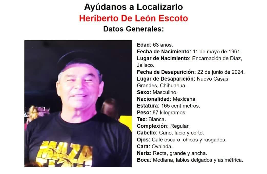 Imagen de alerta de desaparición para Heriberto De León, adulto mayor de Nuevo Casas Grandes.