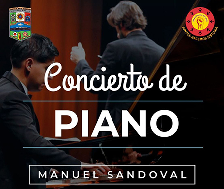 Promocional del Concierto de Piano en NCG con Manuel Sandoval el 15 de junio de 2024. Entrada gratuita para todos en el Centro de Artes. Comienza a las 6:00 PM. No te pierdas la oportunidad de disfrutar de una noche llena de música clásica de alta calidad y vive una experiencia cultural inolvidable.