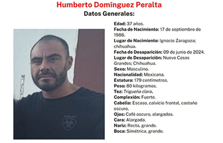 Humberto Domínguez Peralta, de 37 años, desapareció en Nuevo Casas Grandes, Chihuahua, el 9 de junio de 2024. Mide 179 cm, pesa 80 kg, y tiene tatuajes distintivos. La Fiscalía de Chihuahua solicita ayuda para localizarlo. Información en pasaeldato.gob.mx o llamando al 911.