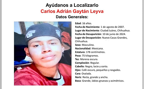 Joven desaparecido en Nuevo Casas Grandes, Chihuahua. Reporta cualquier información sobre Carlos Adrián Gaytán Leyva.