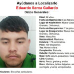 Eduardo Serna Gallardo, joven de 24 años desaparecido en Nuevo Casas Grandes, Chihuahua. La Fiscalía General del Estado solicita apoyo para su localización. Eduardo fue visto por última vez el 7 de julio de 2024 en la Sección Hidalgo.