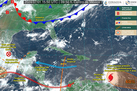 Imagen del huracán Beryl avanzando hacia las costas de Quintana Roo, mostrando su posible impacto en la Península de Yucatán y posteriormente en Veracruz y Tamaulipas.