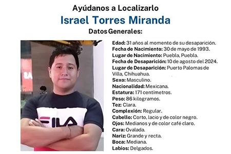 Israel Torres Miranda, de 31 años, desapareció el 10 de agosto de 2024 en Puerto Palomas de Villa, Chihuahua. Vestía sudadera gris, playera negra, pantalón verde y botas negras. Las autoridades solicitan información sobre su paradero para ayudar en su búsqueda y localización urgente.