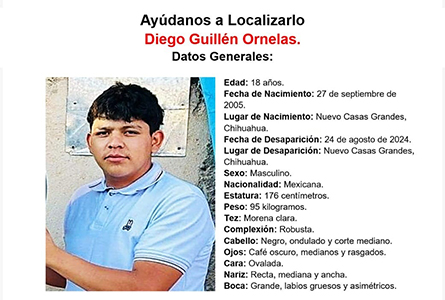 Imagen de Diego Guillén Ornelas, joven desaparecido en Nuevo Casas Grandes, Chihuahua, visto por última vez el 24 de agosto de 2024.