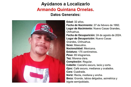 Fotografía de Armando Quintana Ornelas, un hombre de 32 años desaparecido en Nuevo Casas Grandes, Chihuahua, desde el 24 de agosto de 2024. Las autoridades piden la colaboración ciudadana para encontrarlo. Si tienes información, contacta a la Fiscalía de Chihuahua.