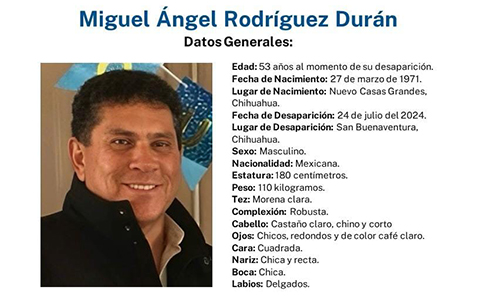 Imagen del cartel de recompensa de $200,000 por Miguel Ángel Rodríguez Durán, desaparecido en San Buenaventura, Chihuahua. La Fiscalía de Chihuahua solicita información veraz para localizarlo. Miguel Ángel tiene 53 años, mide 1.80 metros y es originario de Nuevo Casas Grandes.