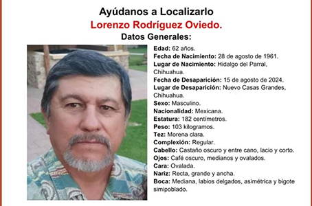 Lorenzo Rodríguez Oviedo, de 62 años, desapareció en Nuevo Casas Grandes, Chihuahua, el 15 de agosto de 2024. Es originario de Parral y fue visto por última vez con playera beige y huaraches. La Fiscalía solicita ayuda para su localización. Información al 911, 089 o en la web oficial.