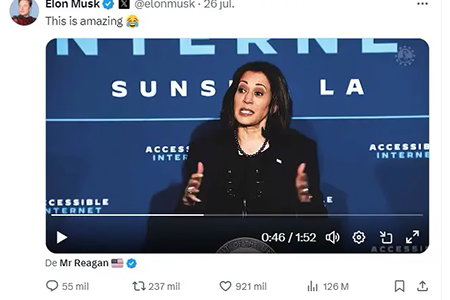 Captura del video manipulado de Kamala Harris que circula en redes sociales, generando preocupación por el uso de IA en política.