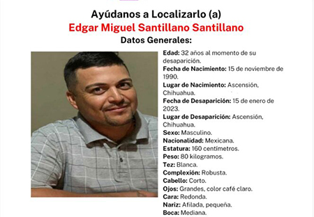 Foto de Edgar Miguel Santillano con datos de contacto y características físicas, desaparecido en Ascensión.