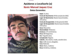 Kevin Manuel Jaquez Cruz, 21, desaparecido en Nuevo Casas Grandes desde junio 2024, necesita ser localizado. Contacto: 911 o 089.