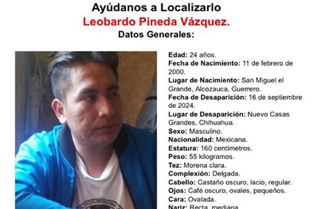 Leobardo Pineda Vázquez, de 24 años, desaparecido en Ejido Hidalgo, Nuevo Casas Grandes. Se solicita la colaboración ciudadana para localizarlo.