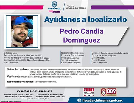 Pedro Candia Domínguez desaparecido en Nuevo Casas Grandes, Chihuahua, desde noviembre 2022. Tiene múltiples tatuajes y llevaba ropa casual.