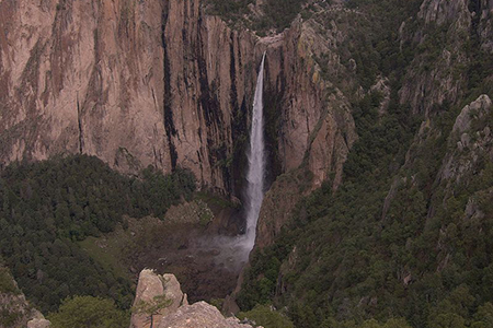 Vista panorámica de la Cascada de Basaseachi en Chihuahua, una de las más altas de México, rodeada de un exuberante paisaje montañoso.