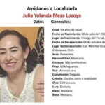 Julia Yolanda Meza Lozoya, mujer de 59 años, desapareció el 4 de octubre en Chihuahua. Si tienes información sobre su paradero, por favor contacta al 911 o denuncia anónimamente.