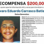 Álvaro Eduardo Carrasco Batista, desaparecido desde 2020 en Cuauhtémoc, Chihuahua. Autoridades ofrecen recompensa de $200,000 por información.