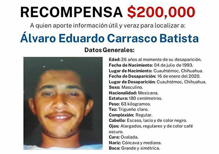 Álvaro Eduardo Carrasco Batista, desaparecido desde 2020 en Cuauhtémoc, Chihuahua. Autoridades ofrecen recompensa de $200,000 por información.